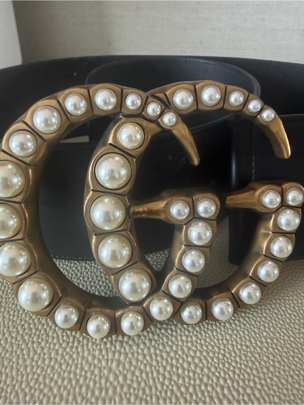 Gucci Black Leather Belt with Gold Pearl-Embellished Double G Buckle